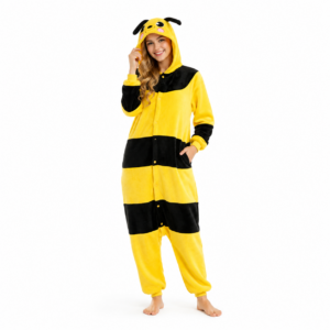 zachte geel-zwarte bij onesie met capuchon, voelsprieten en speelse bijendetails.
