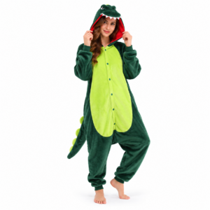 Groene draak onesie voor kinderen – zachte pluche pyjama met capuchon en draakdetails zoals staart en stekels.