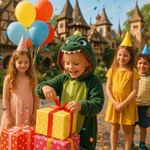 Kind in groene draken onesie pakt cadeau uit op vrolijk verkleedfeest met ballonnen, confetti en Efteling-achtige achtergrond.