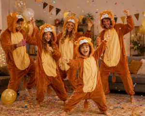 Kinderen en volwassenen dragen zachte bruine leeuw onesies met capuchon, leeuwenmanen en een lichte buik.