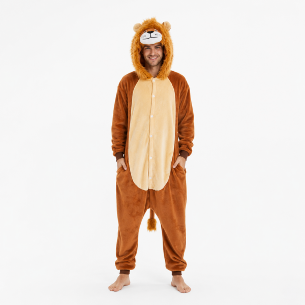 Kinderen en volwassenen dragen zachte bruine leeuw onesies met capuchon, leeuwenmanen en een lichte buik.