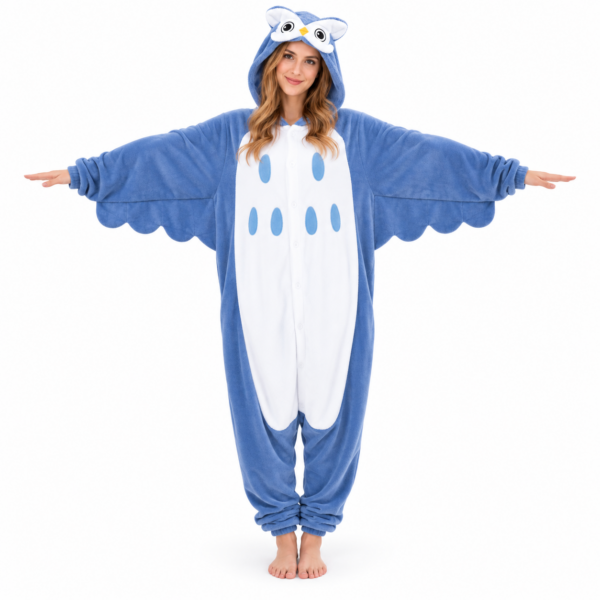 Blauwe Uil Onesie voor kinderen en volwassenen – Georgies Suites® - vooraanzichtv