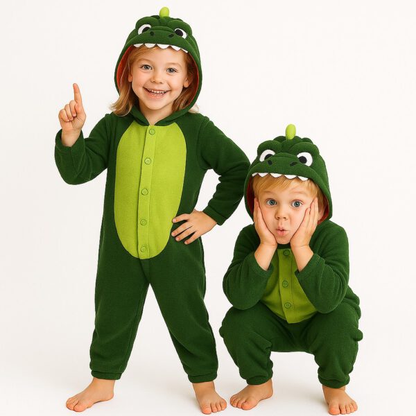 Twee kinderen in een zachte fleece groene draak onesies lachen en hebben veel plezier!