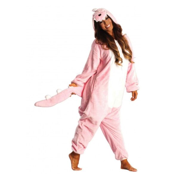 Roze draken onesie voor kinderen en volwassenen voorzien van staart en capuchon met drakensnuit