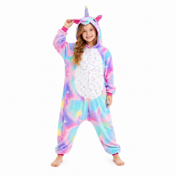 unicorn onesie met capuchon, eenhoorn en witte buik op een witte achtergrond.